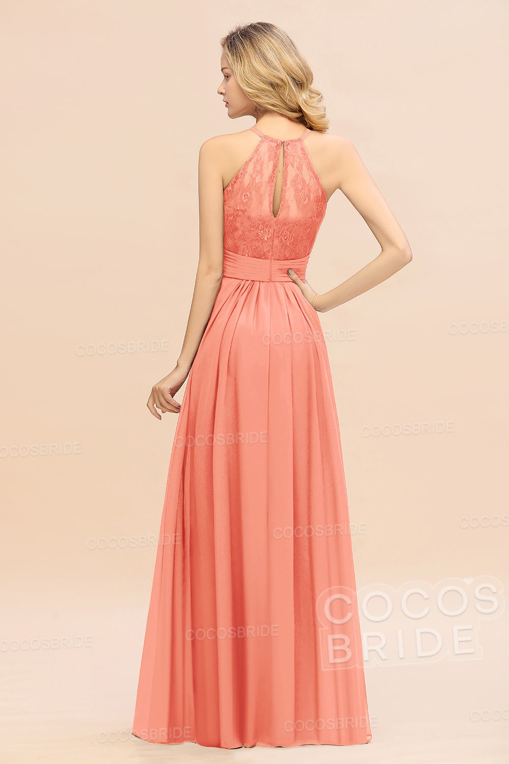 Elegant Long A-line Chiffon Halter Ruffles Sleeveless Lace Bridesmaid Dress