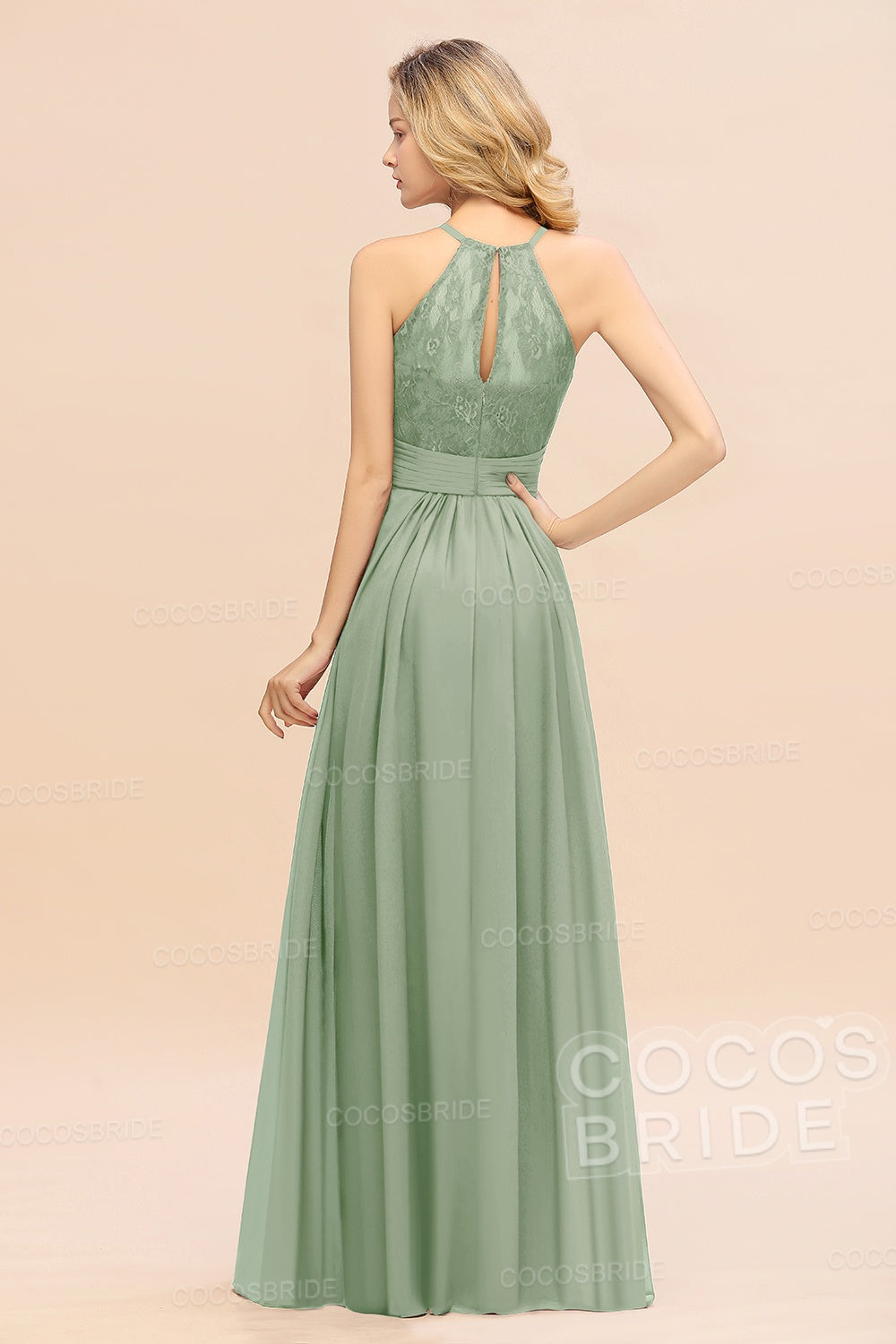 Elegant Long A-line Chiffon Halter Ruffles Sleeveless Lace Bridesmaid Dress