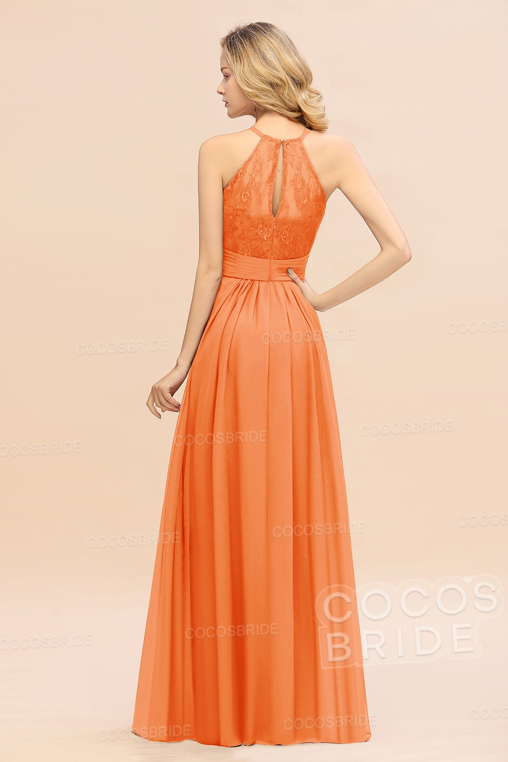 Elegant Long A-line Chiffon Halter Ruffles Sleeveless Lace Bridesmaid Dress