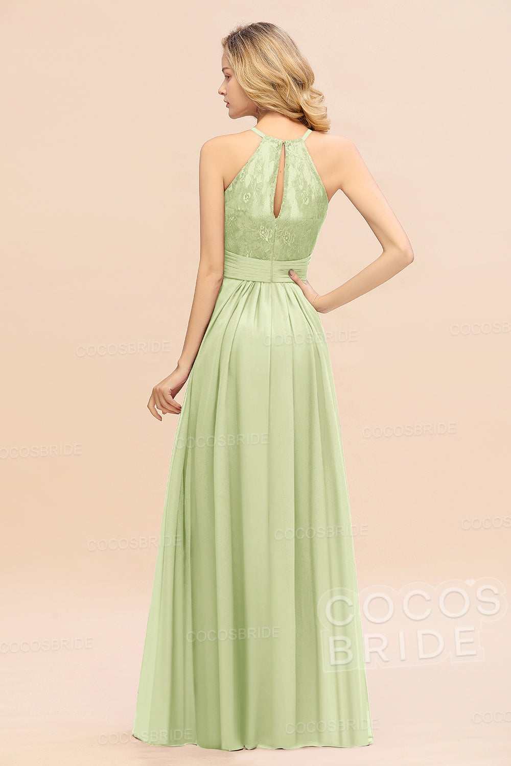 Elegant Long A-line Chiffon Halter Ruffles Sleeveless Lace Bridesmaid Dress