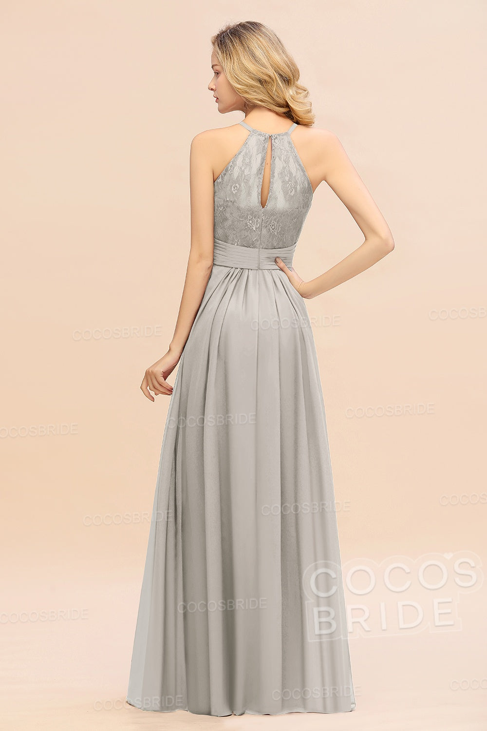 Elegant Long A-line Chiffon Halter Ruffles Sleeveless Lace Bridesmaid Dress
