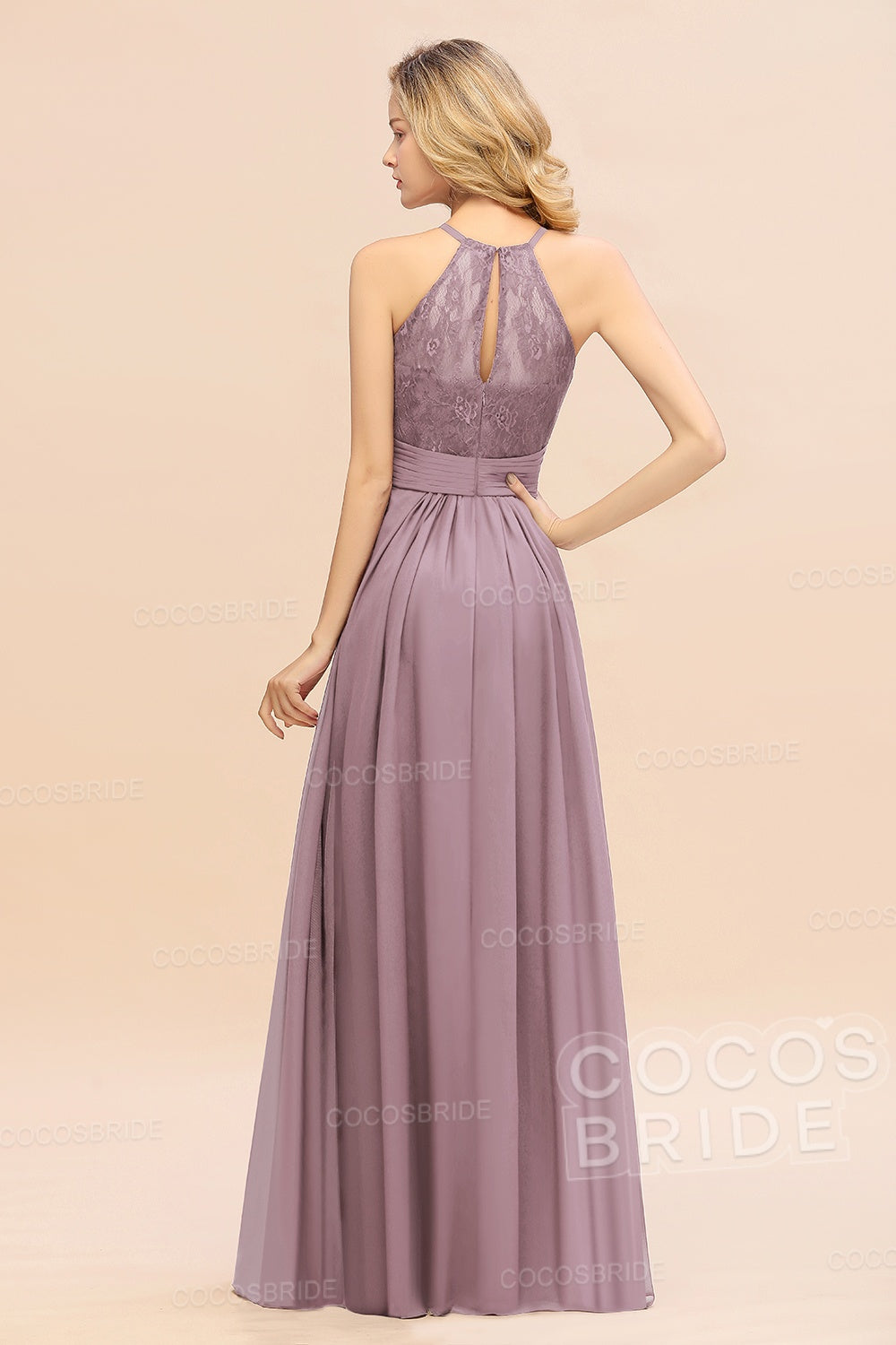 Elegant Long A-line Chiffon Halter Ruffles Sleeveless Lace Bridesmaid Dress