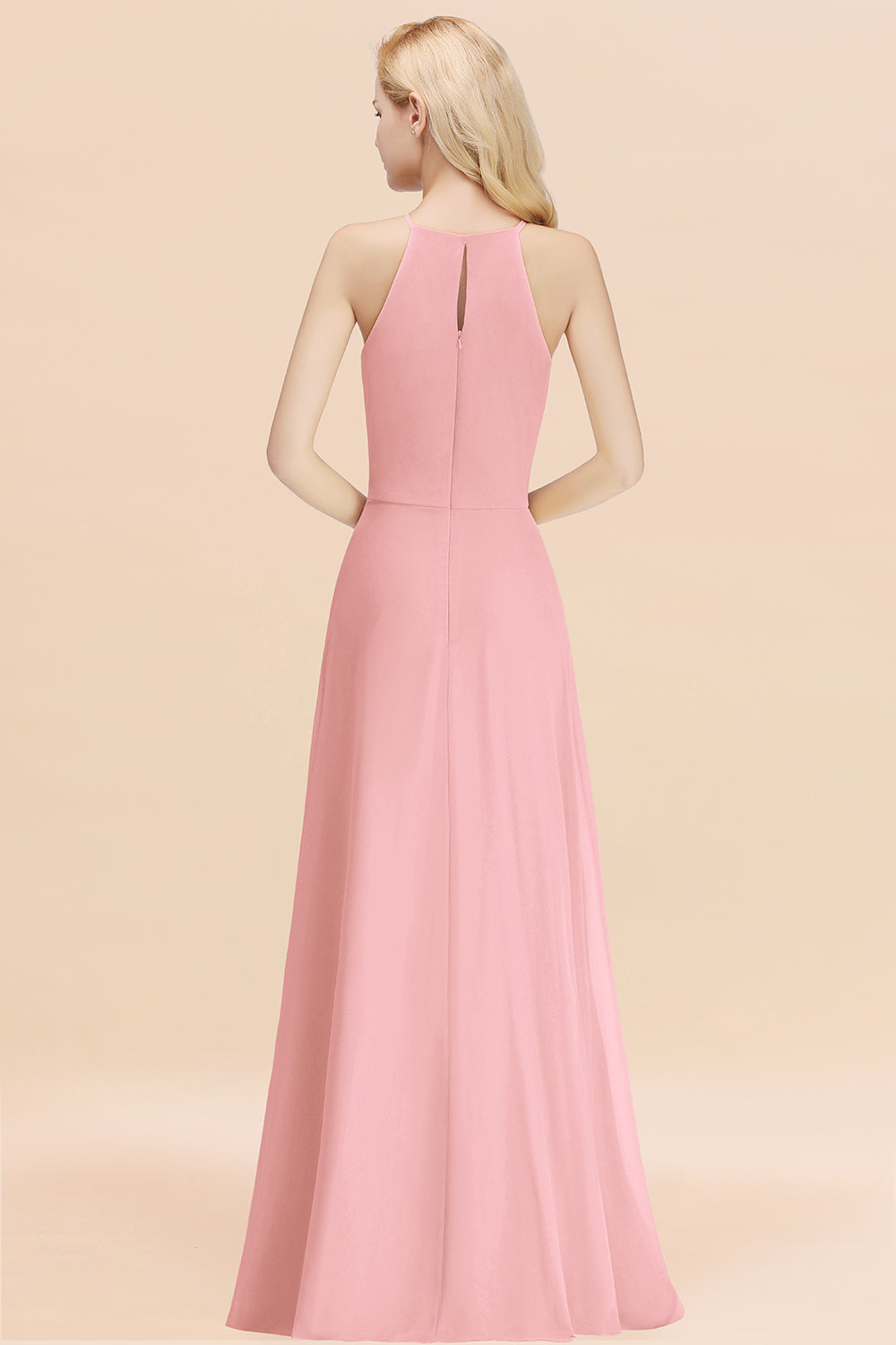 Elegant Long A-line Halter Chiffon Candy Pink Bridesmaid Dress
