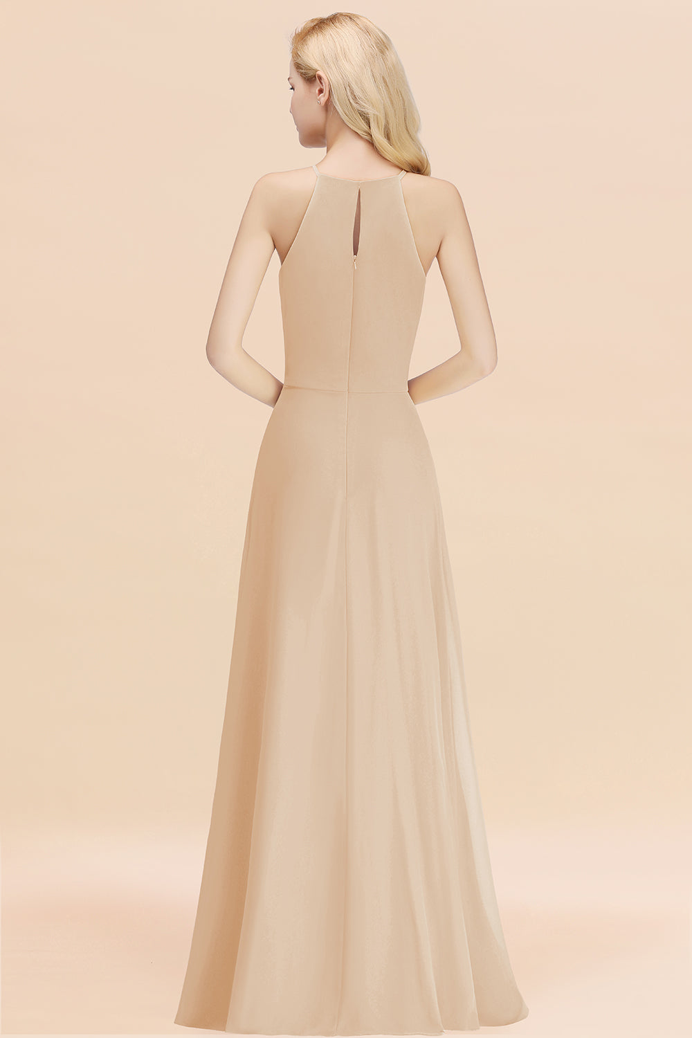 Elegant Long A-line Halter Chiffon Champagne Bridesmaid Dress