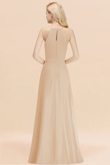 Elegant Long A-line Halter Chiffon Champagne Bridesmaid Dress