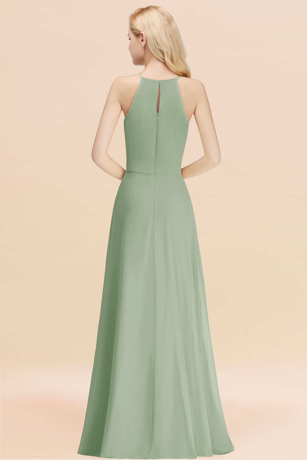 Elegant Long A-line Halter Chiffon Dusty Sage Bridesmaid Dress