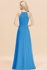 Elegant Long A-line Halter Chiffon Ocean Blue Bridesmaid Dress