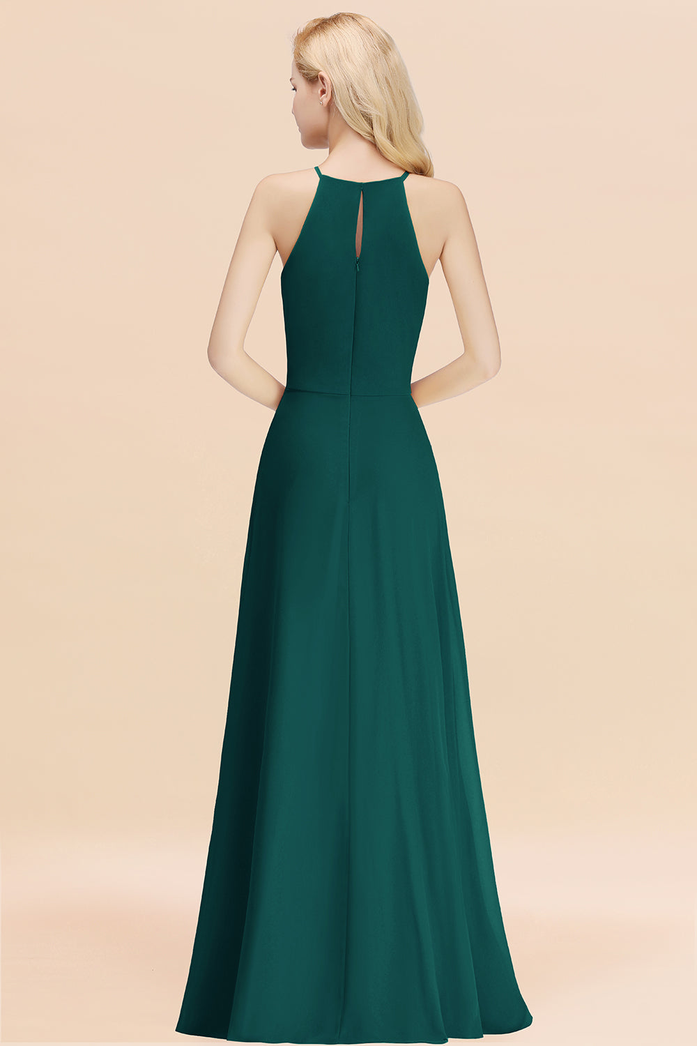 Elegant Long A-line Halter Chiffon Peacock Bridesmaid Dress