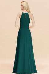 Elegant Long A-line Halter Chiffon Peacock Bridesmaid Dress