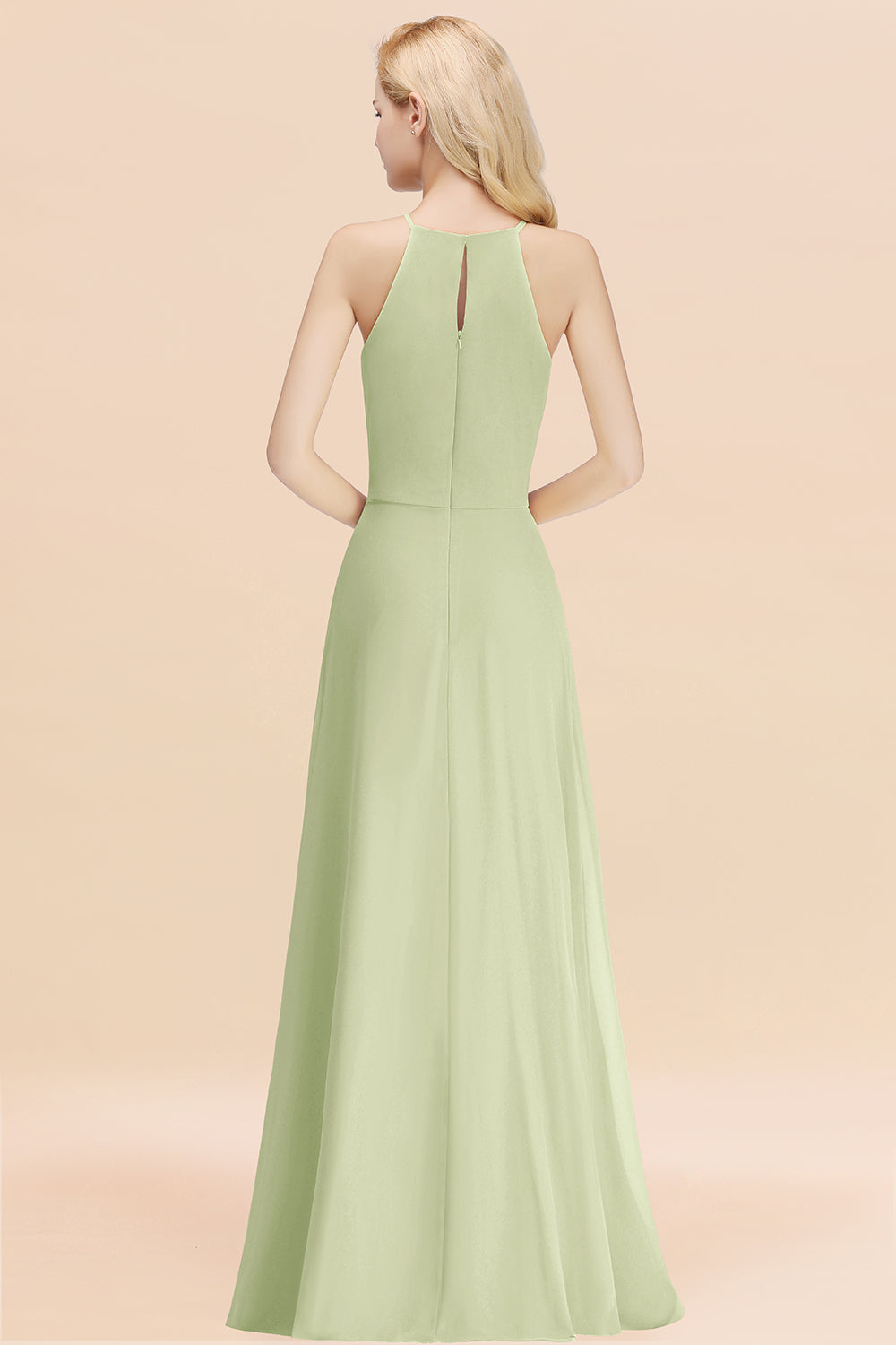 Elegant Long A-line Halter Chiffon Sage Bridesmaid Dress