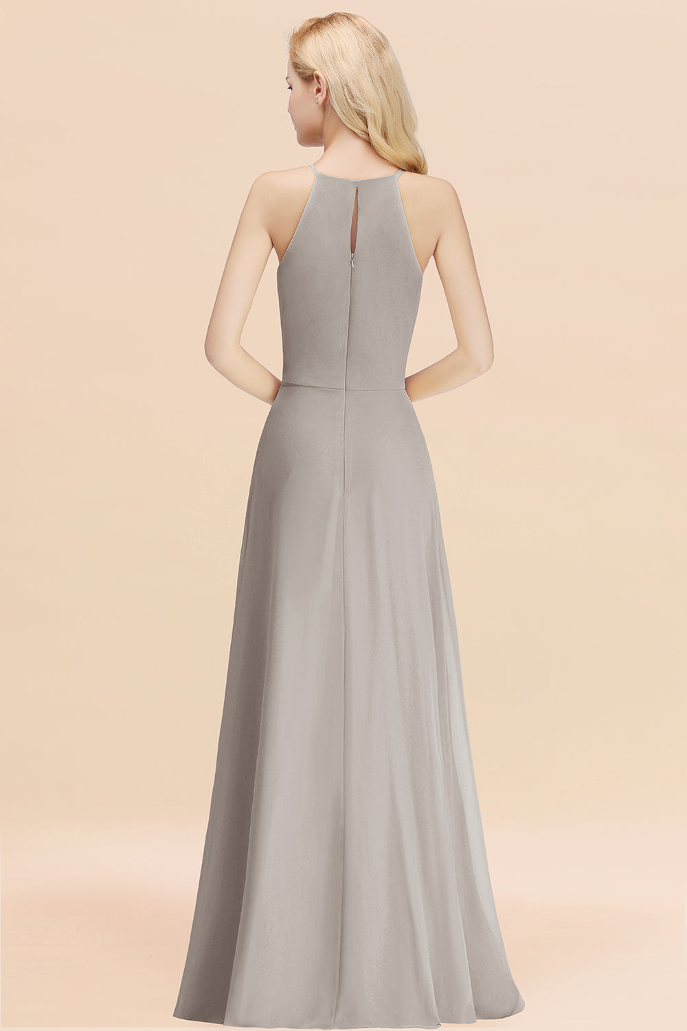 Elegant Long A-line Halter Chiffon Silver Bridesmaid Dress