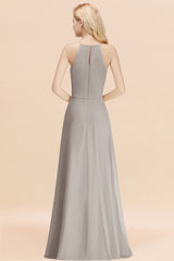 Elegant Long A-line Halter Chiffon Silver Bridesmaid Dress
