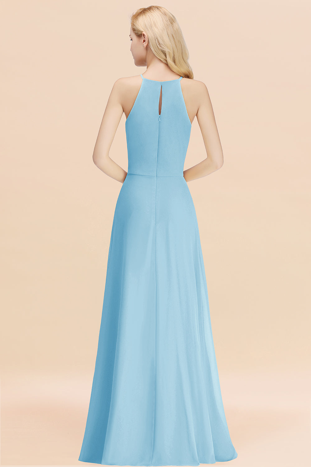 Elegant Long A-line Halter Chiffon Sky Blue Bridesmaid Dress