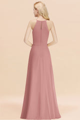Elegant Long A-line Halter Chiffon Vintagemauve Bridesmaid Dress