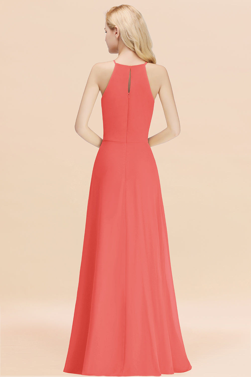 Elegant Long A-line Halter Chiffon Watermelon Bridesmaid Dress