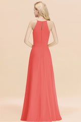 Elegant Long A-line Halter Chiffon Watermelon Bridesmaid Dress