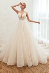 Elegant Long Appliques Lace Tulle A-line Wedding Dress