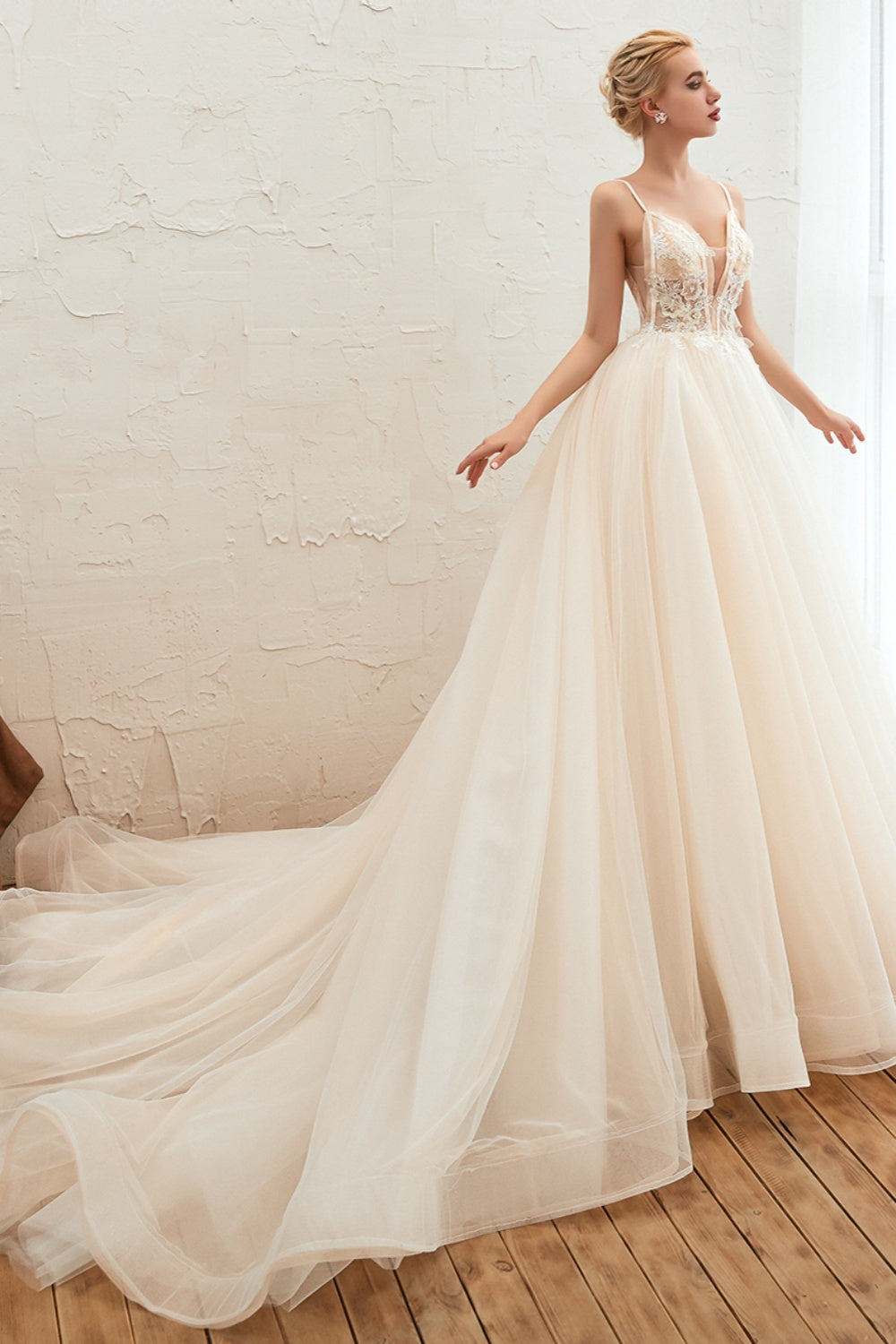 Elegant Long Appliques Lace Tulle A-line Wedding Dress