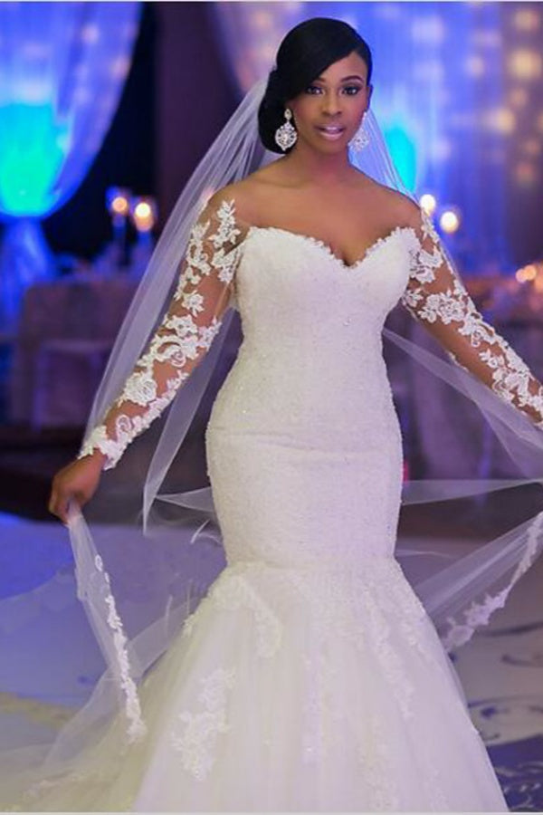 Elegant Long Mermaid Sweetheart Tulle Lace White Wedding Dresses with Sleeves