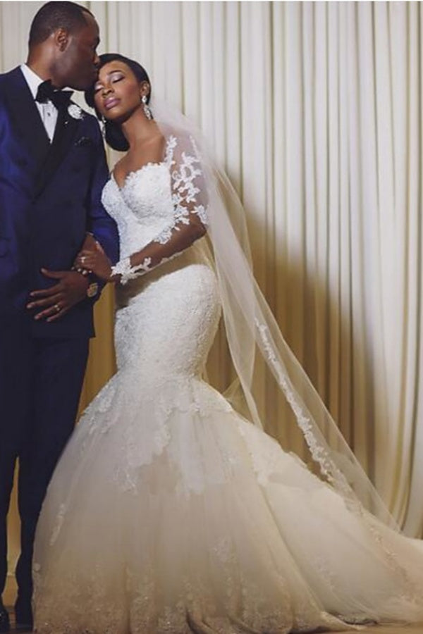 Elegant Long Mermaid Sweetheart Tulle Lace White Wedding Dresses with Sleeves