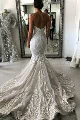 Elegant Long Strapless Appliques Lace Mermaid Wedding Dress