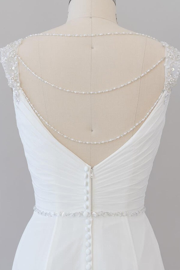 Elegant Long Tulle Lace Ruffle Beading Chiffon Sheath Wedding Dress