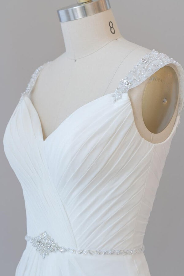 Elegant Long Tulle Lace Ruffle Beading Chiffon Sheath Wedding Dress