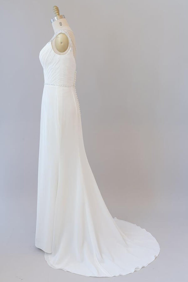 Elegant Long Tulle Lace Ruffle Beading Chiffon Sheath Wedding Dress