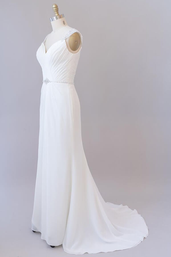 Elegant Long Tulle Lace Ruffle Beading Chiffon Sheath Wedding Dress