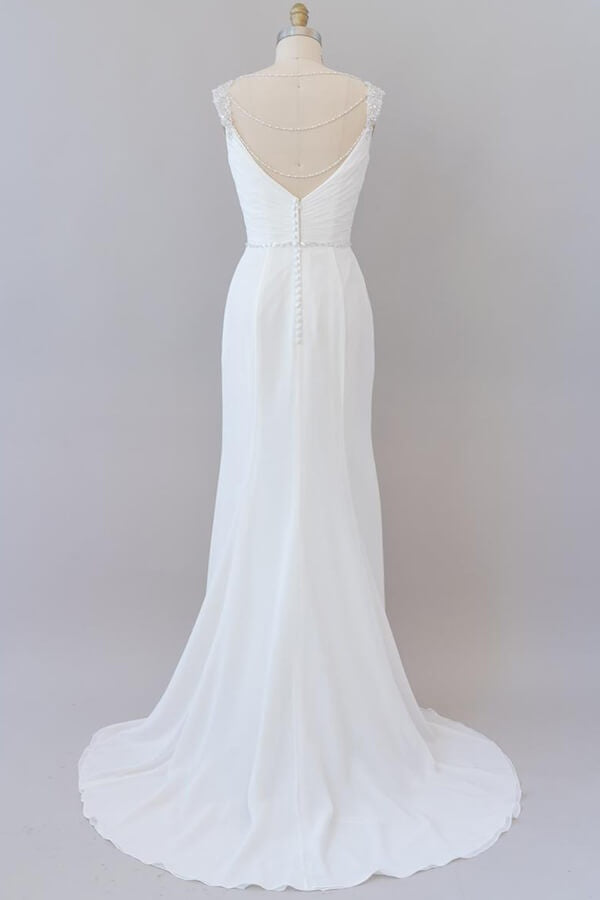 Elegant Long Tulle Lace Ruffle Beading Chiffon Sheath Wedding Dress