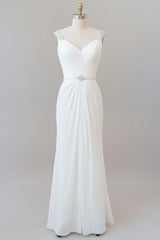 Elegant Long Tulle Lace Ruffle Beading Chiffon Sheath Wedding Dress