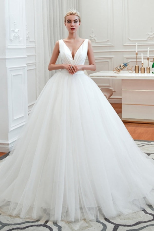 Elegant Long V-neck Lace-up Ruffle Tulle A-line Wedding Dress
