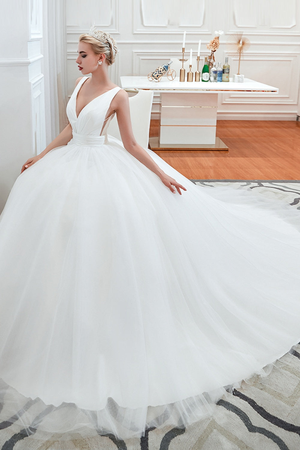 Elegant Long V-neck Lace-up Ruffle Tulle A-line Wedding Dress