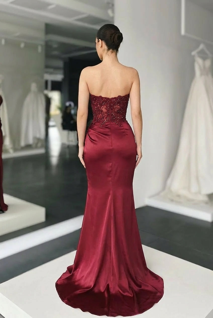 Elegant Mermaid Sweetheart Sleeveless Satin Appliques Long Prom Dress with Split