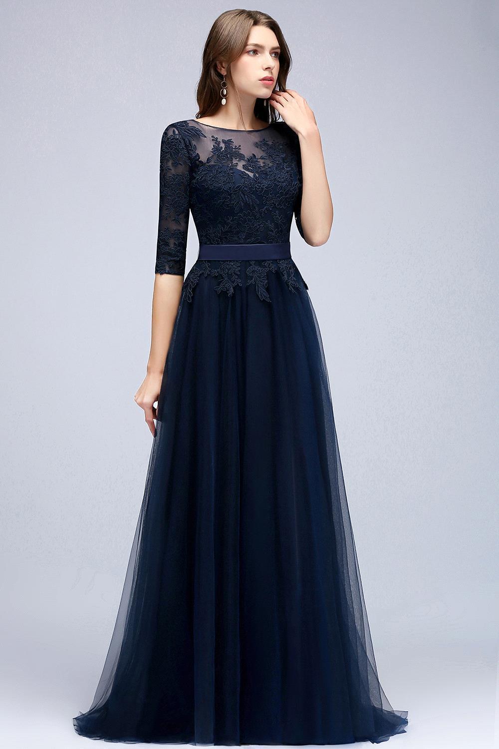 Elegant Navy Half Sleeves Lace Bridesmaid Dresses with Appliques