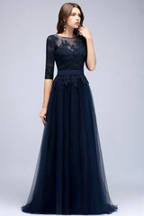 Elegant Navy Half Sleeves Lace Bridesmaid Dresses with Appliques
