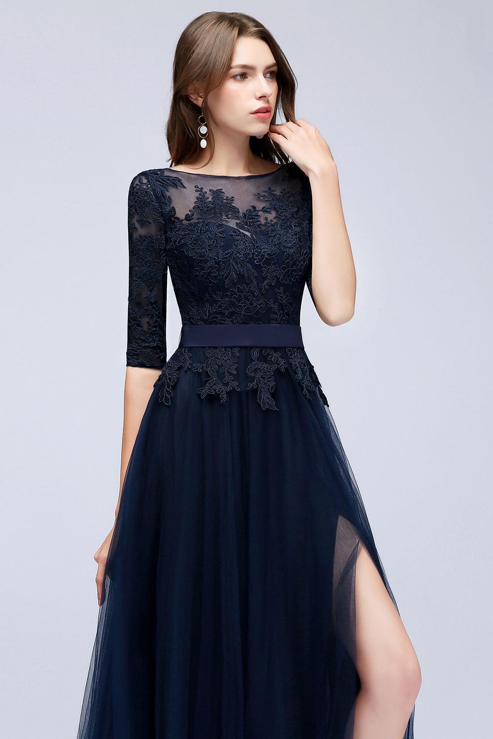 Elegant Navy Half Sleeves Lace Bridesmaid Dresses with Appliques
