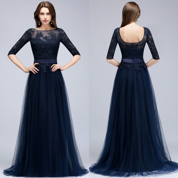 Elegant Navy Half Sleeves Lace Bridesmaid Dresses with Appliques
