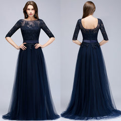 Elegant Navy Half Sleeves Lace Bridesmaid Dresses with Appliques