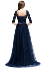Elegant Navy Half Sleeves Lace Bridesmaid Dresses with Appliques