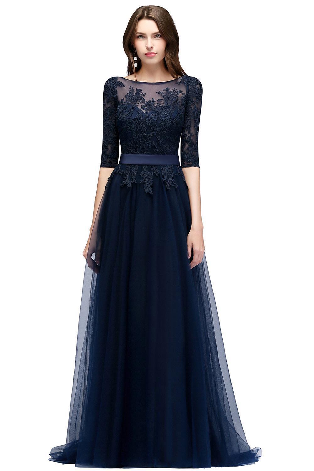 Elegant Navy Half Sleeves Lace Bridesmaid Dresses with Appliques