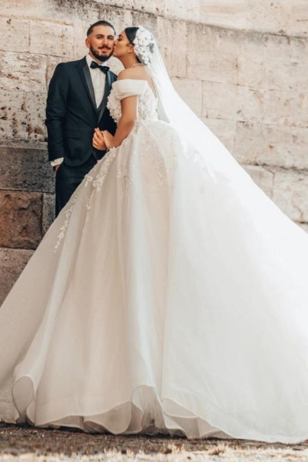 Elegant Plus Size Ball Gown Off the Shoulder Tulle Lace Long Wedding Dresses