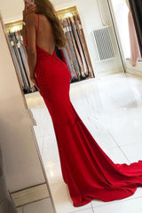 Elegant Red Long V-neck Spaghetti Straps Mermaid Prom Dresses
