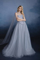 Elegant Sweetheart Strapless A-line Tulle Evening Dress with Rhinestones