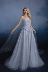 Elegant Sweetheart Strapless A-line Tulle Evening Dress with Rhinestones