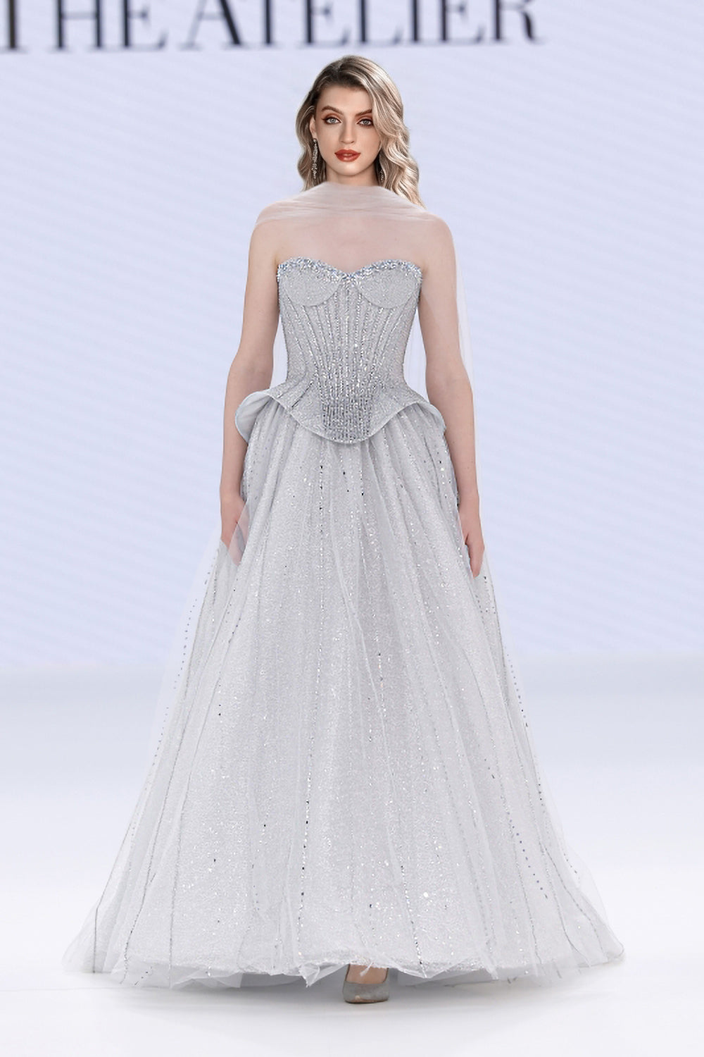 Elegant Sweetheart Strapless A-line Tulle Evening Dress with Rhinestones