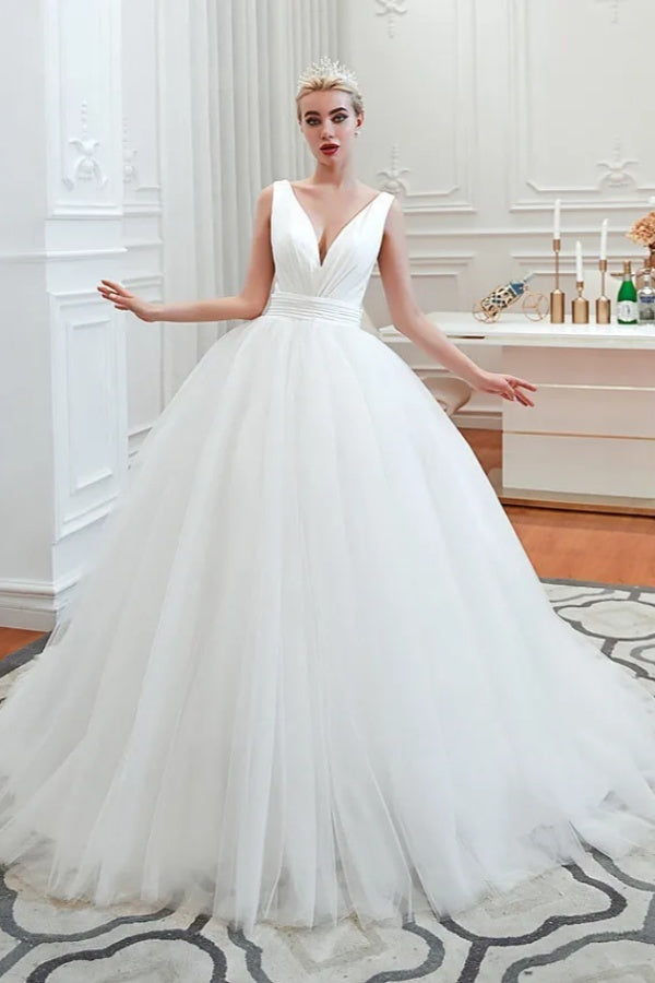 Elegant White Long Ball Gown V-neck Court Train Tulle Wedding Dresses