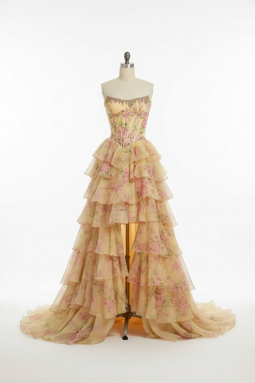 Long Floral Strapless Sleeveless A-line Prom Dress with Split