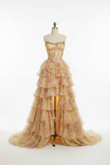 Long Floral Strapless Sleeveless A-line Prom Dress with Split