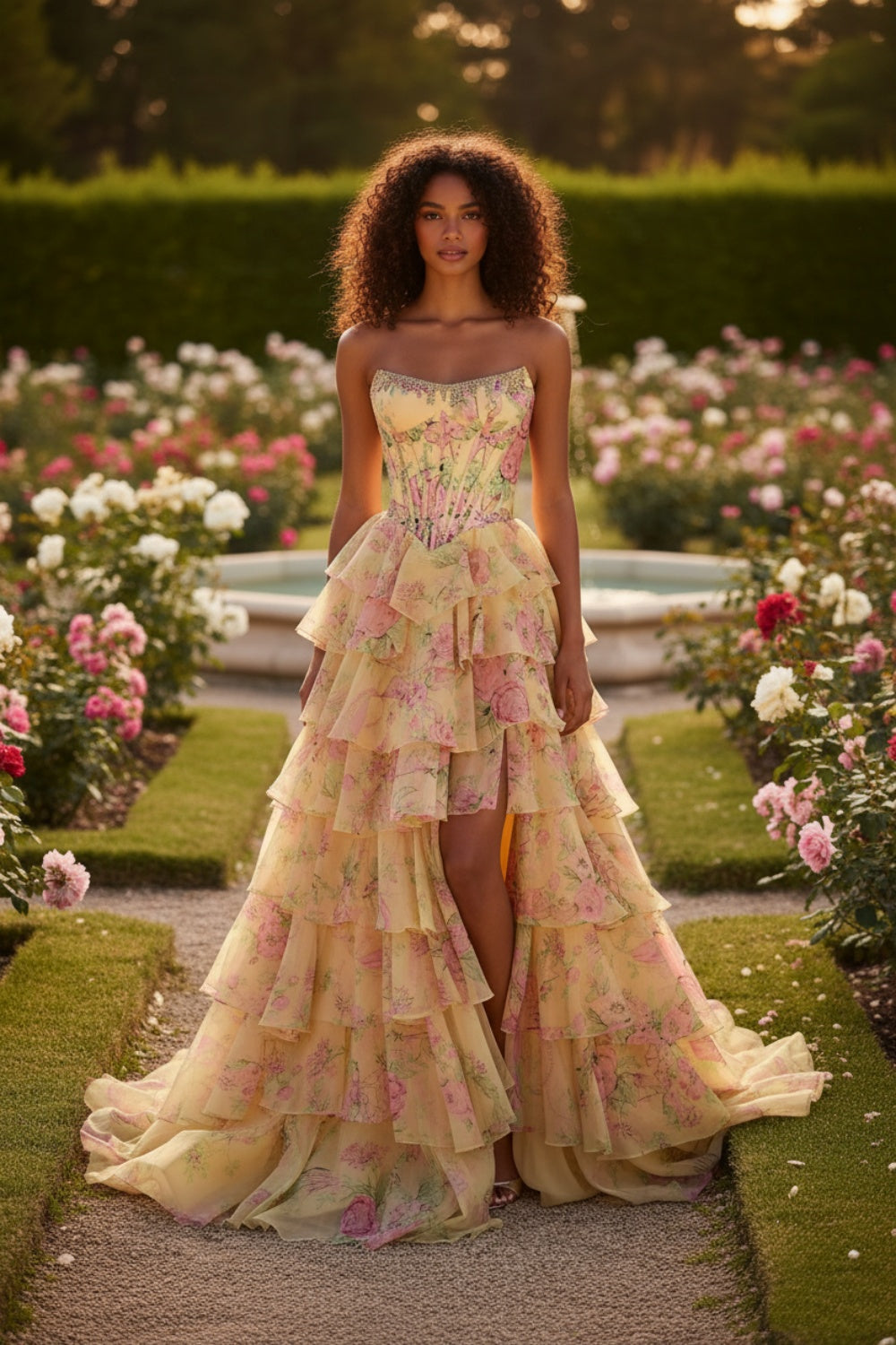 Lively Floral Strapless A-line Long Prom Dress with Split